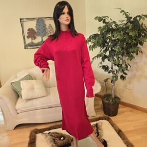 Vintage Darian Red Acrylic Mock Turtleneck Knit Midi-Dress, Size Medium
